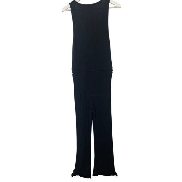 Beyond Yoga Black Ribbed Jetsetter Jumpsuit Sleeveless V-Neck Drawstring Waist - Picture 3 of 10